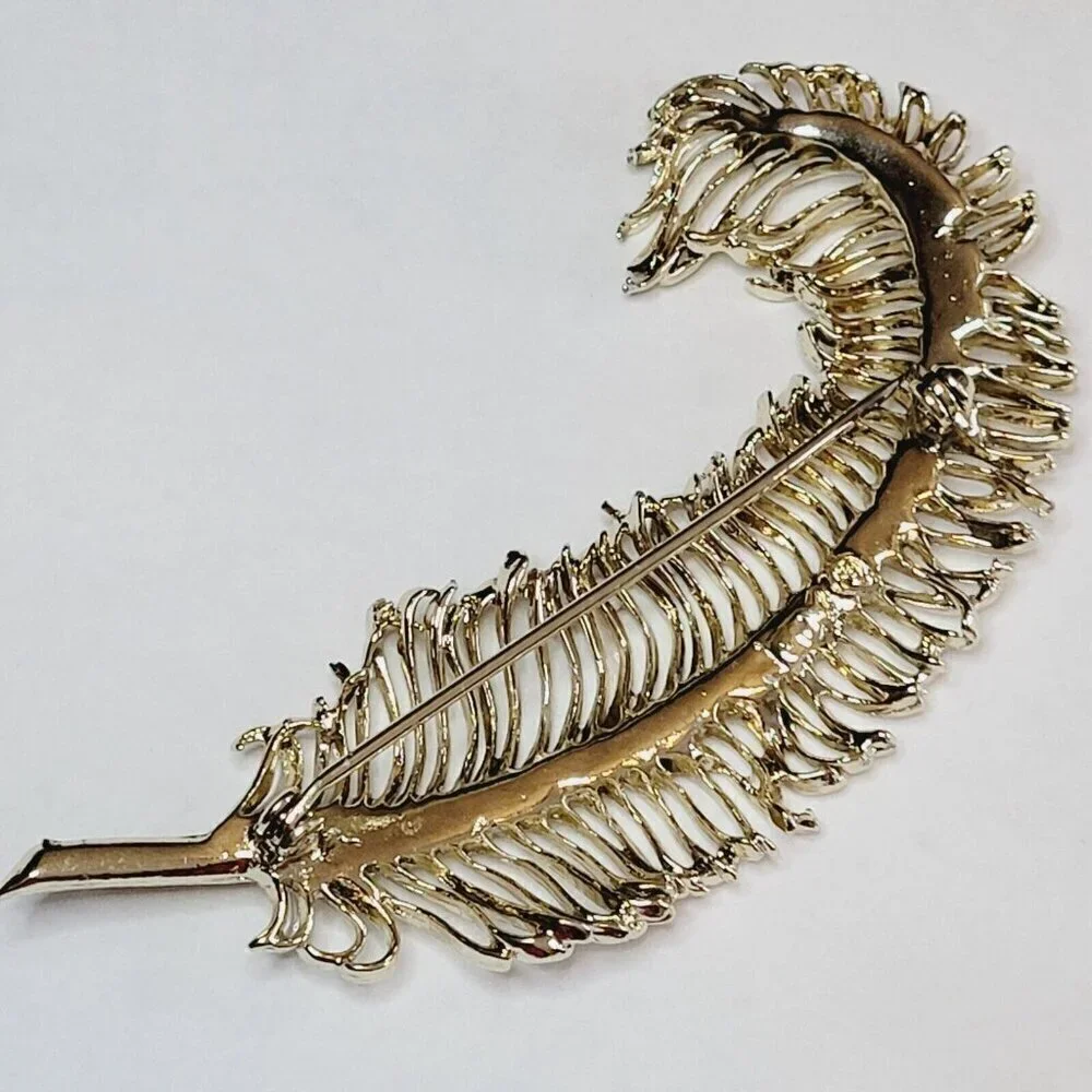 Vintage Coro Large Feather Brooch & Clip Earrings Set Demi-Parure Gold Tone READ